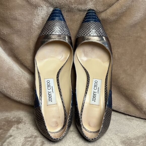Jimmy Choo Metallic Leather Snakeskin Pumps 3.5" Heels Women's 37.5 US‎ Size 7.5 - Picture 6 of 9